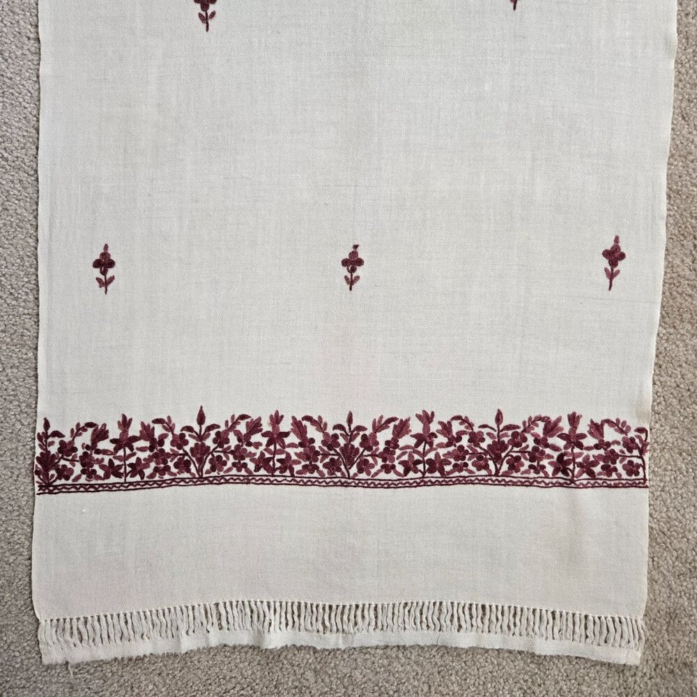 Woven Wool Scarf with Burgundy Pink Purple Embroidered Flowers and Unique Hem - Picture 2 of 11